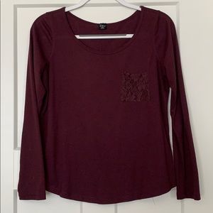 Maroon long sleeve lace pocket tee